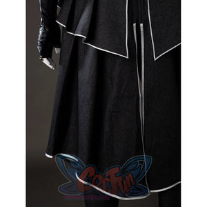 Lower apron close-up of Maelle cosplay costume from Clair Obscur Expedition 33 with black panels, white trim, and glove