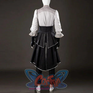 Back angled view of Maelle cosplay costume from Clair Obscur Expedition 33 with gray blouse, black apron, and white piping
