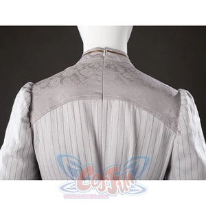 Back neckline view of Maelle cosplay costume from Clair Obscur Expedition 33 with patterned gray yoke and center seam