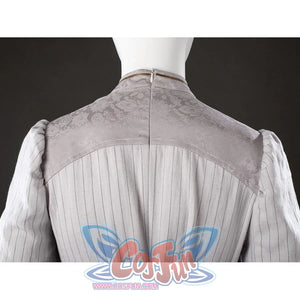 Back neckline view of Maelle cosplay costume from Clair Obscur Expedition 33 with patterned gray yoke and center seam