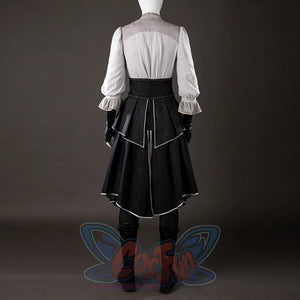 Back view of Maelle cosplay costume from Clair Obscur Expedition 33 with gray blouse, black apron, white trim, and gloves
