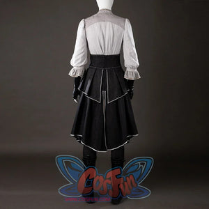 Back view of Maelle cosplay costume from Clair Obscur Expedition 33 with gray blouse, black apron, white trim, and gloves
