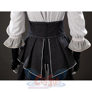 Back waist close-up of Maelle cosplay costume from Clair Obscur Expedition 33 with black apron, zipper, and white piping