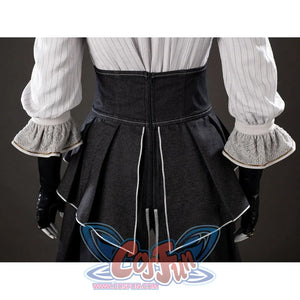 Back waist close-up of Maelle cosplay costume from Clair Obscur Expedition 33 with black apron, zipper, and white piping