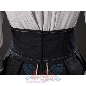 Back waistband detail of Maelle cosplay costume from Clair Obscur Expedition 33 with black fabric, center zipper, and seam