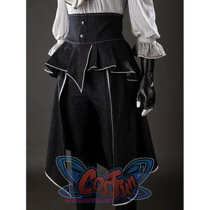 Front waist view of Maelle cosplay costume from Clair Obscur Expedition 33 with black apron, buttons, and white trim