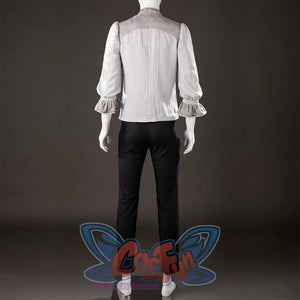 Back view of Maelle cosplay costume from Clair Obscur Expedition 33 showing gray blouse, black pants, and sleeve cuffs