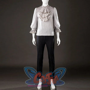 Front view of Maelle cosplay costume from Clair Obscur Expedition 33 showing gray ruffle blouse and black pants