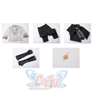 Flat lay of Maelle cosplay costume from Clair Obscur Expedition 33 with blouse, pants, apron, gloves, and badge set