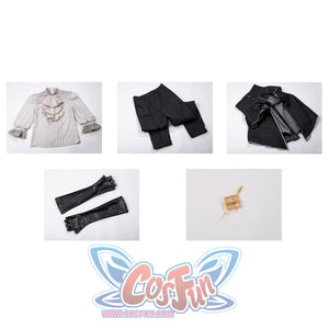 Flat lay of Maelle cosplay costume from Clair Obscur Expedition 33 with blouse, pants, apron, gloves, and badge set