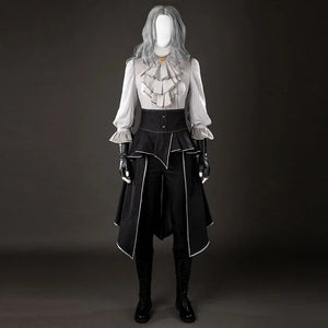 Front view of Maelle cosplay costume from Clair Obscur Expedition 33 with gray ruffle blouse, black apron, and gloves