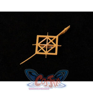 Badge close-up of Maelle cosplay costume from Clair Obscur Expedition 33 showing gold geometric pin on black fabric