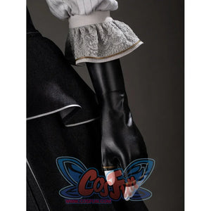 Close-up of Maelle cosplay costume from Clair Obscur Expedition 33 with black glove, gray cuff, and white lace edge