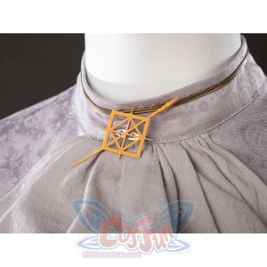 Neck detail of Maelle cosplay costume from Clair Obscur Expedition 33 showing gold geometric badge and gray collar