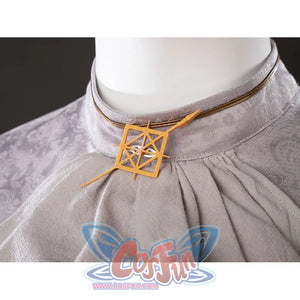 Neck detail of Maelle cosplay costume from Clair Obscur Expedition 33 showing gold geometric badge and gray collar