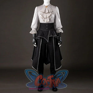 Front mannequin view of Maelle cosplay costume from Clair Obscur Expedition 33 with layered gray top, black apron, and gloves