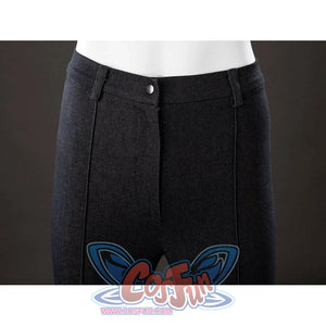 Waist close-up of Maelle cosplay costume from Clair Obscur Expedition 33 black pants with front button and belt loops