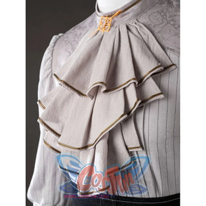 Close-up of Maelle cosplay costume from Clair Obscur Expedition 33 with layered gray ruffles, piping, and pleated blouse