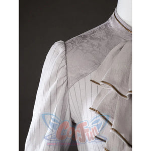 Shoulder close-up of Maelle cosplay costume from Clair Obscur Expedition 33 with patterned gray yoke and ruffle edge