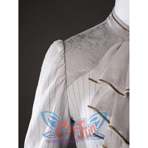 Shoulder close-up of Maelle cosplay costume from Clair Obscur Expedition 33 with patterned gray yoke and ruffle edge