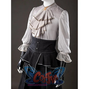 Upper front view of Maelle cosplay costume from Clair Obscur Expedition 33 with ruffle blouse, black waist apron, and glove