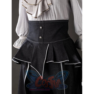 Close-up of Maelle cosplay costume from Clair Obscur Expedition 33 showing black high waist apron, buttons, and white piping