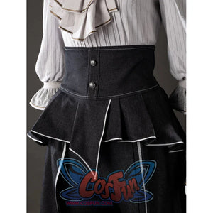 Close-up of Maelle cosplay costume from Clair Obscur Expedition 33 showing black high waist apron, buttons, and white piping
