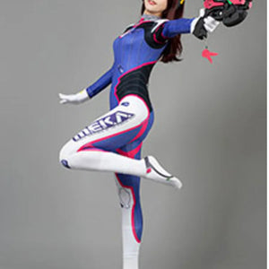 COSFUN D.Va Hana Song Overwatch cosplay jumpsuit pairs printed bodysuit with gloves and charm weapon.