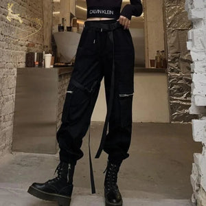 Coolest Street Solid Overalls Cargo Pants With Belt J40097 Black / S