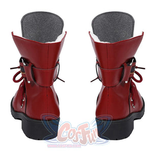 Final Fantasy VII Rebirth Tifa Lockhart cosplay boots pair balancing flared cuffs over metal-eyelet back lacing and black.