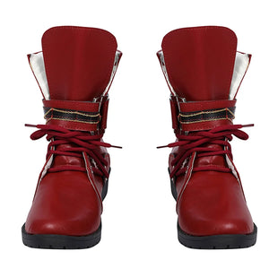COSFUN Final Fantasy VII Rebirth Tifa Lockhart cosplay boots pair with gold chain anchoring the mid-shaft buckle strap.