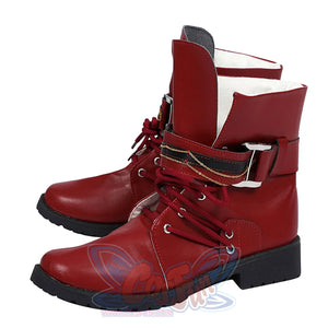 Final Fantasy VII Rebirth Tifa Lockhart cosplay boots pair centering side buckles alongside metal chains on red PU leather.