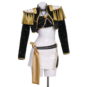 It's Mira's cosplay costume. Mannequin wearing a black and gold military-style outfit with white accents on a white background