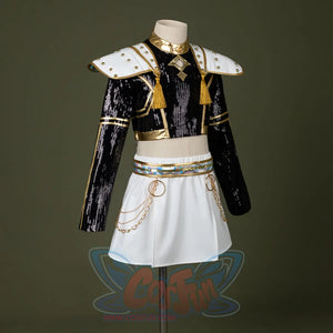 HUNTR/X Kid Zoey cosplay costume, black sequins top, golden decorations and white skirt, left side view
