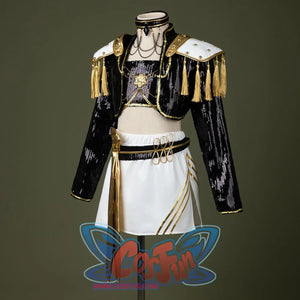 HUNTR/X Kid Mira cosplay costume, sequins black, golden and white outfit, right side view