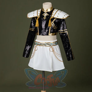 HUNTR/X Kid Zoey cosplay costume, black sequins top, golden decorations and white skirt, right side view