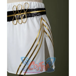 HUNTR/X Kid Mira cosplay costume, close-up of white skirt, showing golden accessory on left side