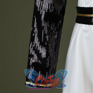 HUNTR/X Kid Mira cosplay costume, close-up of sleeve, showing black sequined sleeve and golden cuff