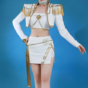 It's Mira cosplay costume. Cosplayer wears the white outfit with gold accents on a blue background.