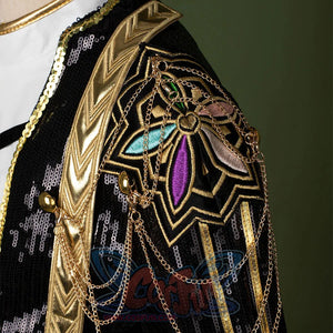 HUNTR/X Rumi cosplay costume for kids, golden black and white shiny stage outfit, sholder with chains and embroidered details