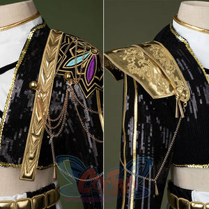 HUNTR/X Rumi cosplay costume for kids, golden black and white shiny stage outfit, shoulder part showcase