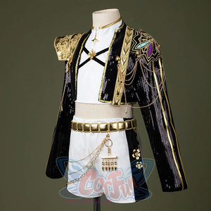 HUNTR/X Rumi cosplay costume for kids, golden black and white shiny stage outfit, back view showing chains and embroidered details