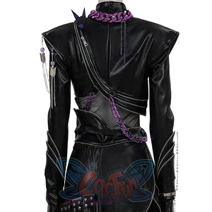 Rumi cosplay costume killer black leather suit back view showing bold shoulder design, purple chain details, studded pocket and zipper cuff pants for stage cosplay.