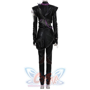 Rumi cosplay costume killer black leather suit back view showing bold shoulder design, purple chain details, studded pocket and zipper cuff pants for stage cosplay.