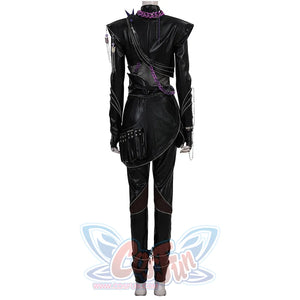 Rumi cosplay costume killer black leather suit back view showing bold shoulder design, purple chain details, studded pocket and zipper cuff pants for stage cosplay.