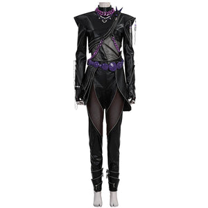 Rumi cosplay black leather suit with purple decorations, mesh details, waist belt, zipper pants and chain accessories for stylish anime cosplay.