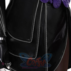 Rumi cosplay killer black suit rear view showing pleather pants with zippers.