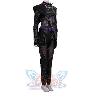 Rumi black cosplay costume with leather suit, purple accents, belt and chains.