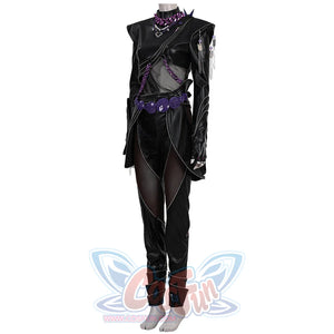 Rumi cosplay costume killer black suit with leather top, bold shoulder design, mesh details, purple belt and chain accessories for anime cosplay.