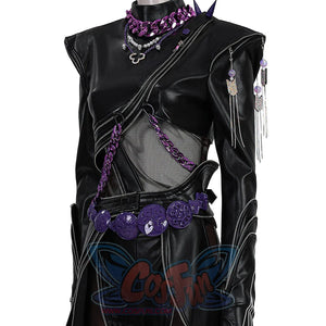 Close-up of Rumi cosplay black leather suit with mesh details, bold shoulder design, purple waist belt and chain accessories.